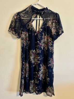 Francesca's Collections Navy Floral Keyhole Short Dress with Sheer Yoke